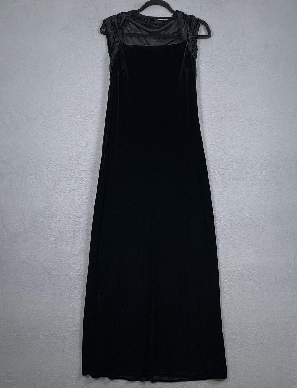 My Michelle Dress Womens Large Black Velvet Maxi Cap Sleeve Floral Mesh Gown VTG